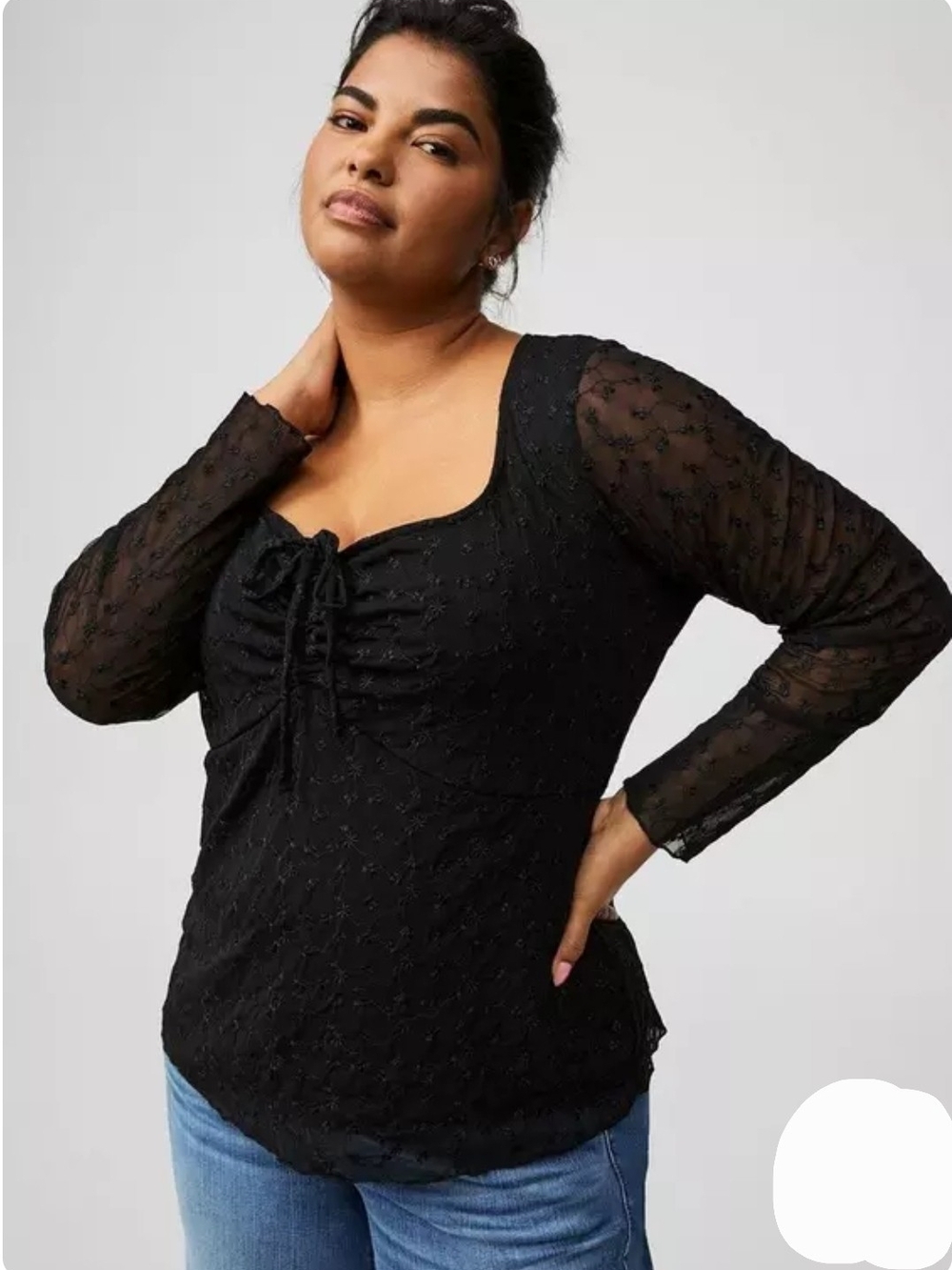 Black Sheer Long-Sleeve Ruched Front Top